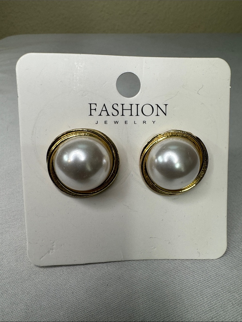Fashion Jewelry Gold and White Faux Pearl Button Earrings